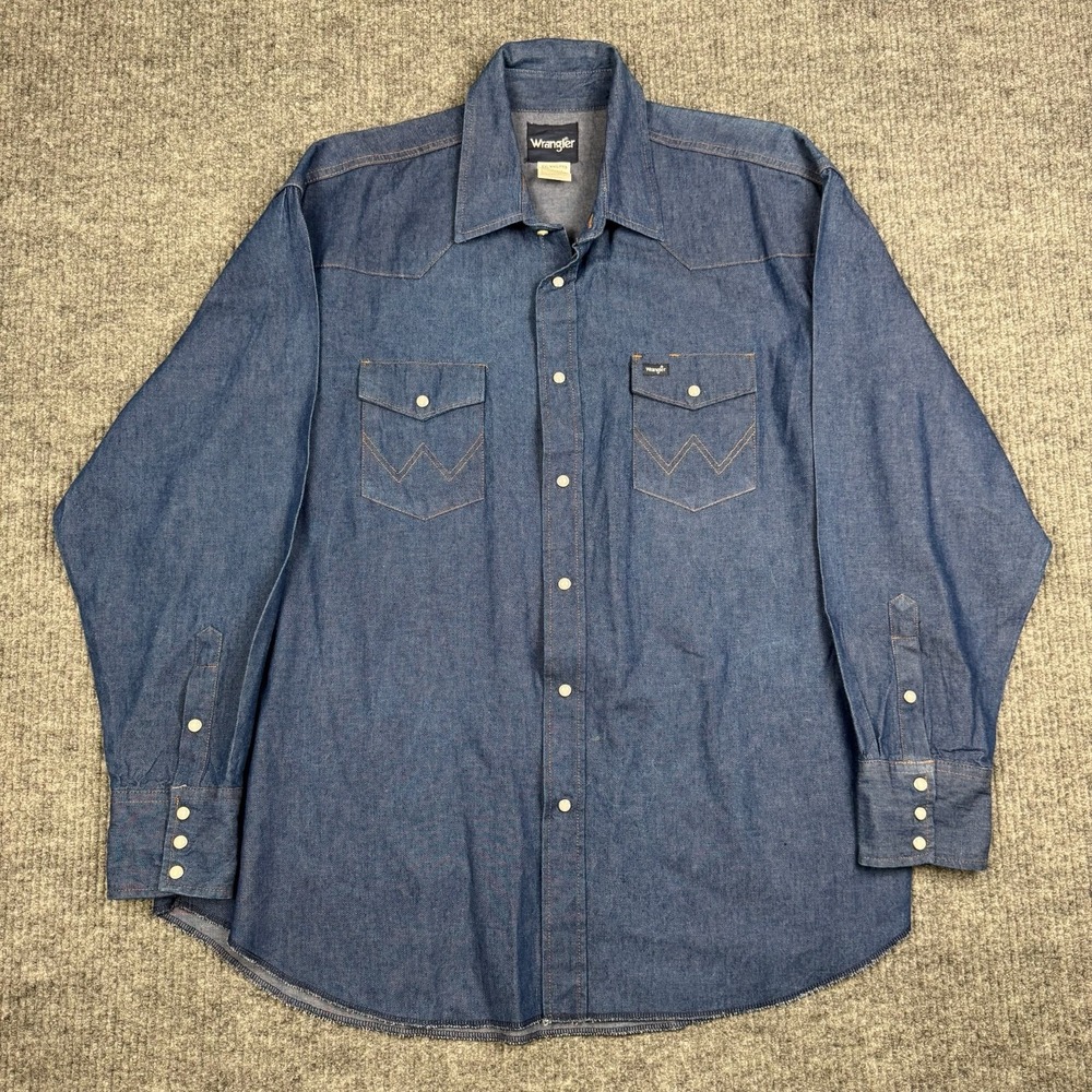 Wrangler Denim Pearl Snap Shirt Mens XXL Long Sleeve Contrasting Stitching Rodeo